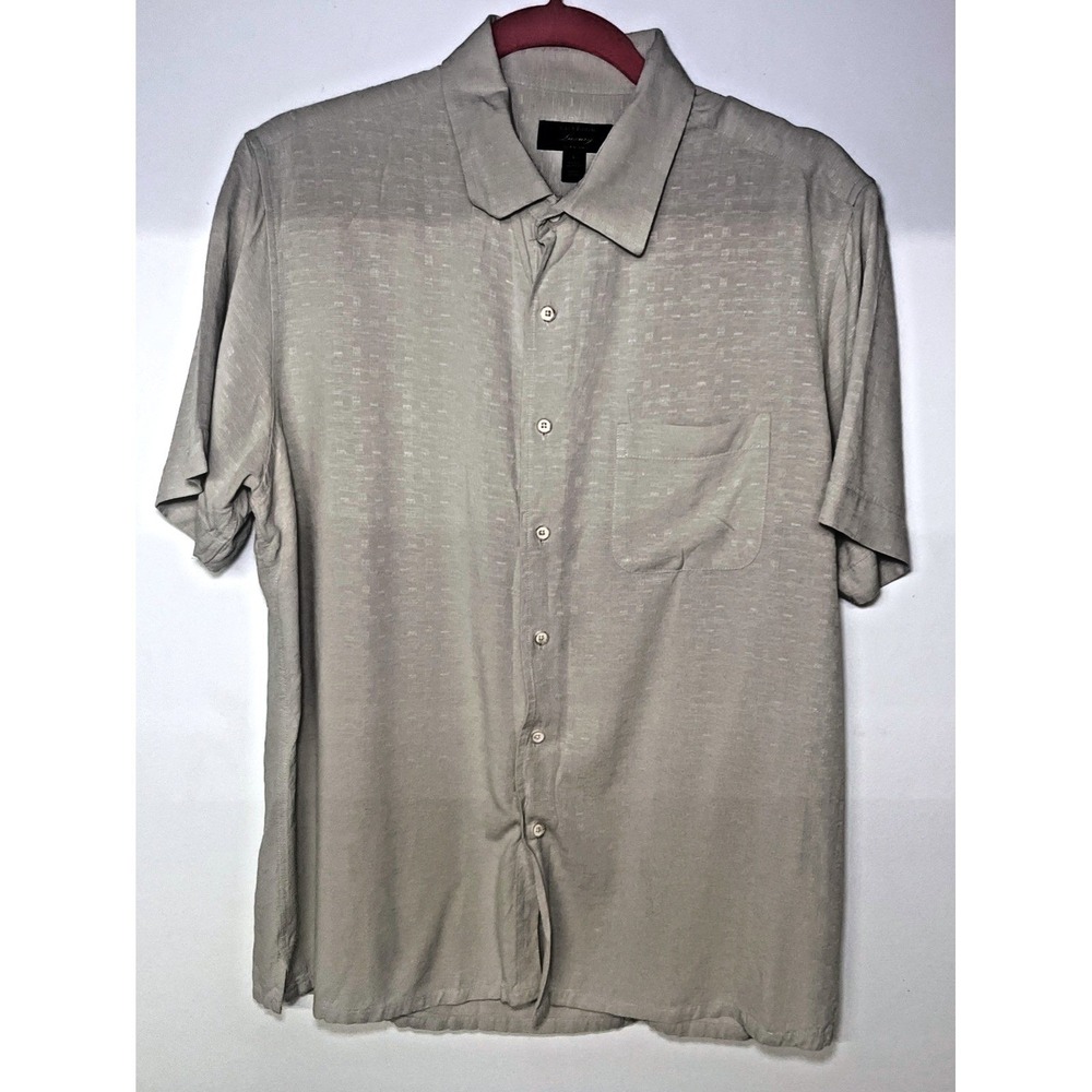 Club Room Luxury Silk Blend Camp Shirt Mens L Beige Textured Button Front Pocket